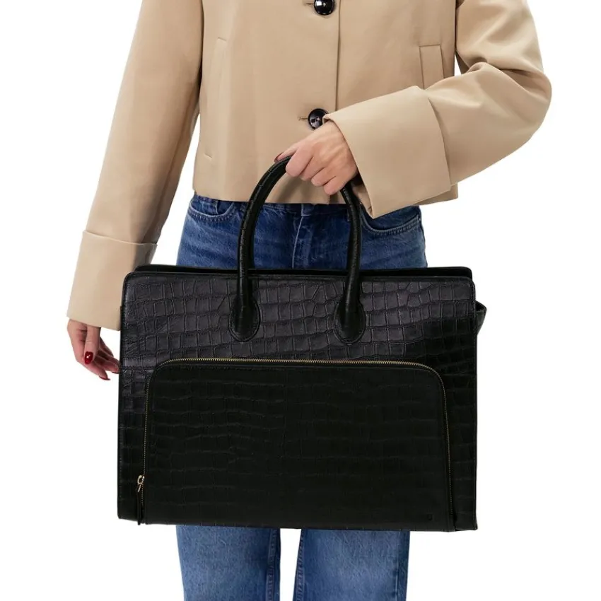 Manfield Zwarte leren croco shopper^ Shoppers