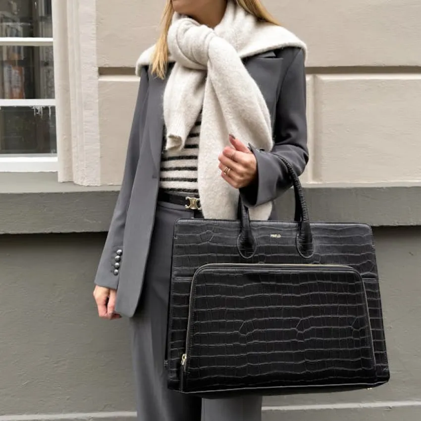 Manfield Zwarte leren croco shopper^ Shoppers