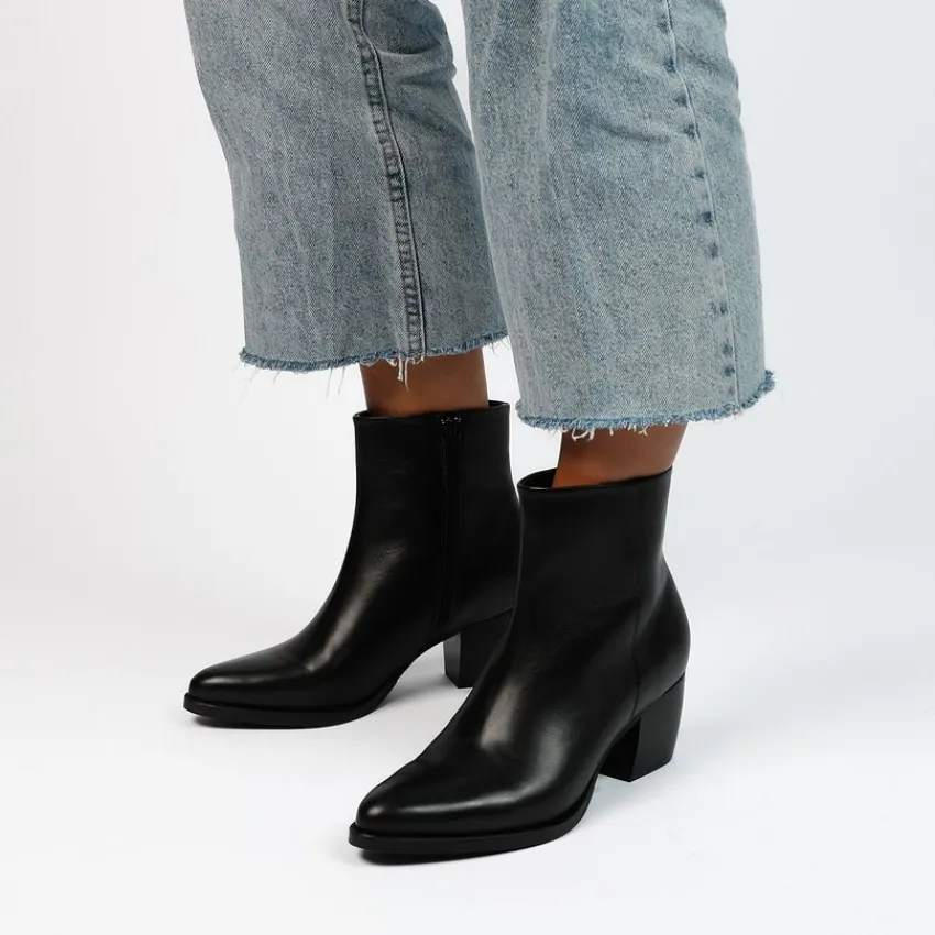 Manfield Zwarte leren enkellaarsjes^DAMES Enkellaarsjes