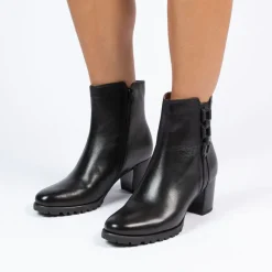 No Stress Zwarte leren enkellaarsjes met blokhak^DAMES Enkellaarsjes