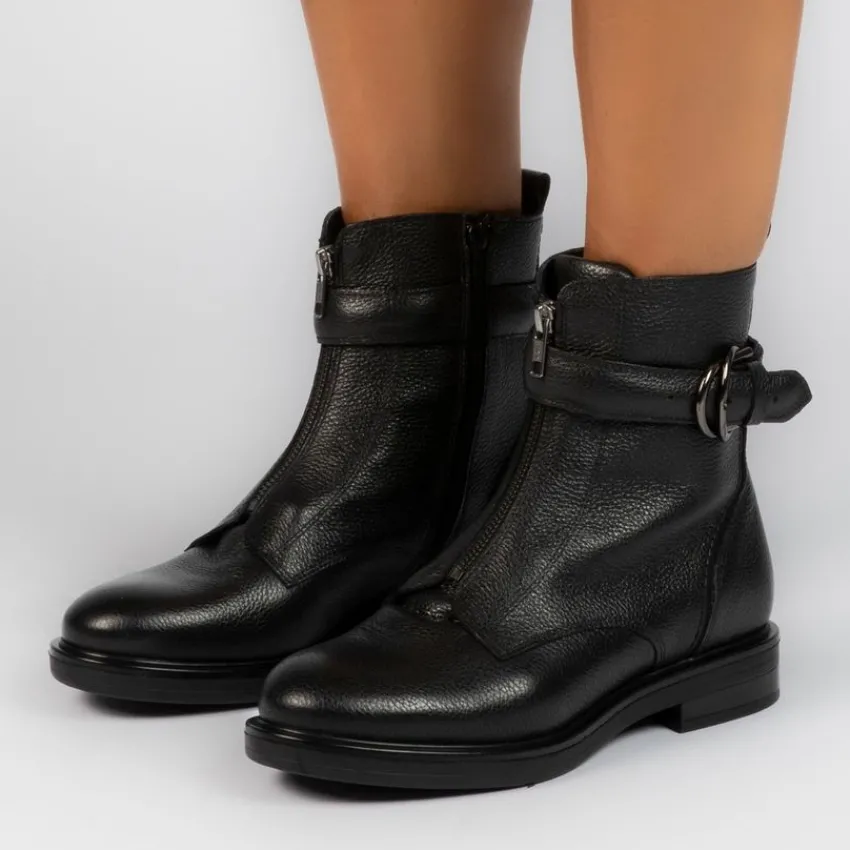 Manfield Zwarte leren enkellaarsjes^DAMES Enkellaarsjes