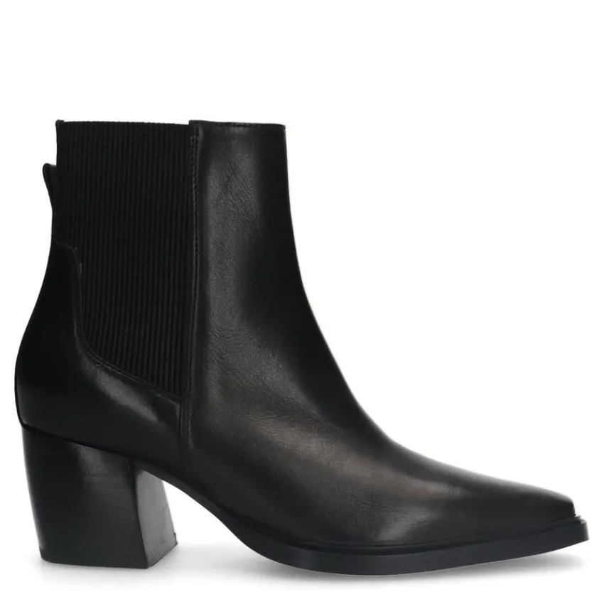 Manfield Zwarte leren enkellaarsjes met hak^DAMES Enkellaarsjes