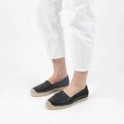 Manfield Zwarte leren espadrilles^DAMES Espadrilles
