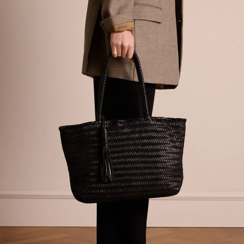 Manfield Zwarte leren gevlochten handtas^ Handtassen