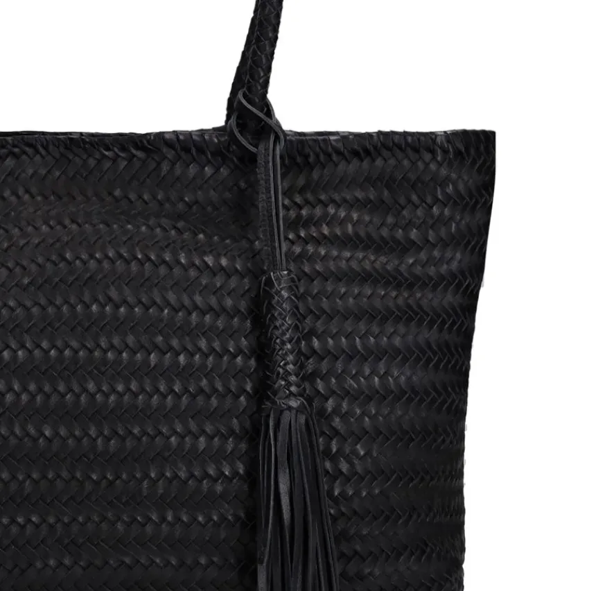 Manfield Zwarte leren gevlochten handtas^ Handtassen