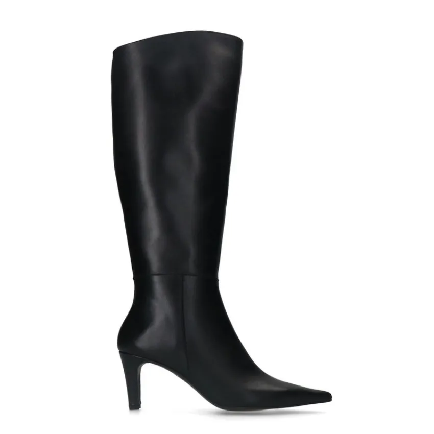 Manfield Zwarte leren hoge laarzen met hak^DAMES Laarzen