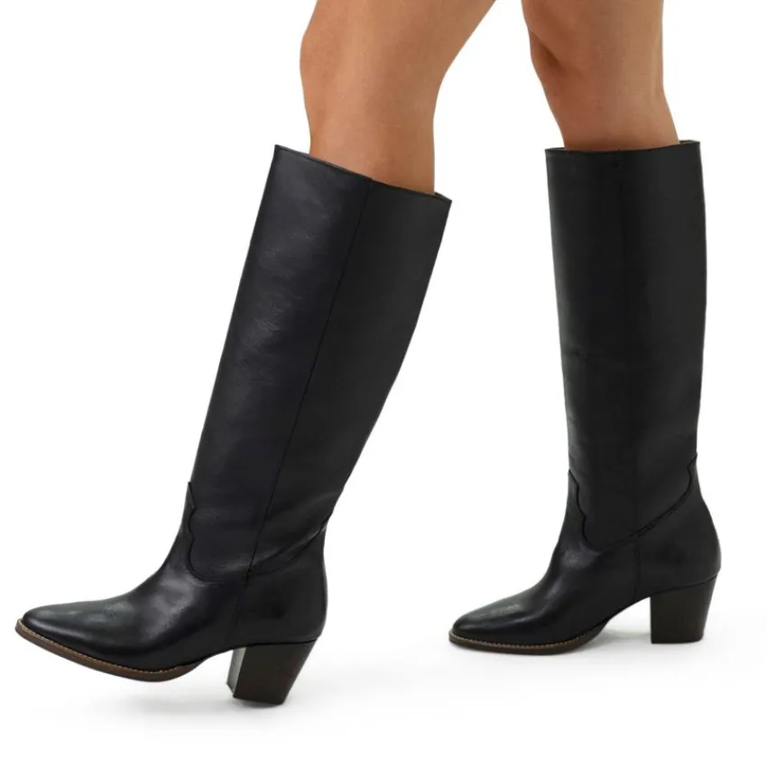 Manfield Zwarte leren hoge laarzen met hak^DAMES Laarzen