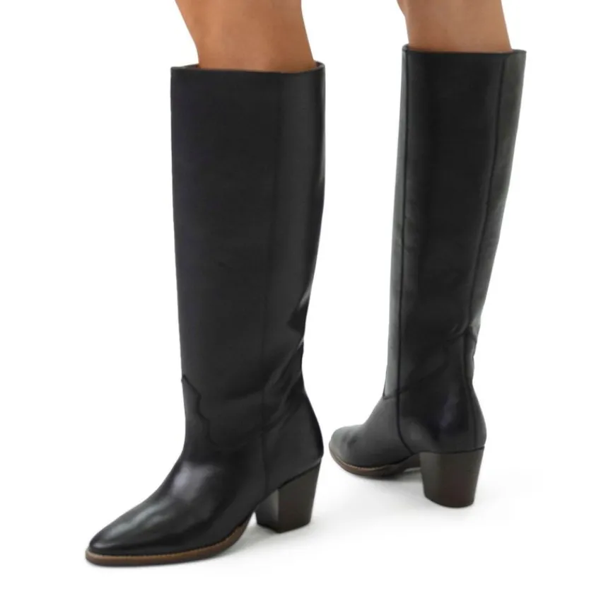 Manfield Zwarte leren hoge laarzen met hak^DAMES Laarzen