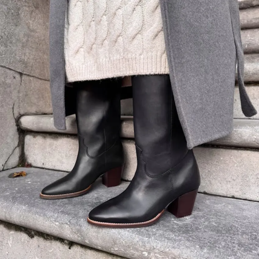 Manfield Zwarte leren hoge laarzen met hak^DAMES Laarzen