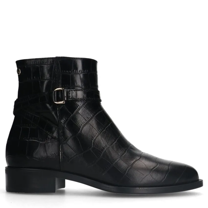 No Stress Zwarte leren laarsjes met crocoprint^DAMES Enkellaarsjes