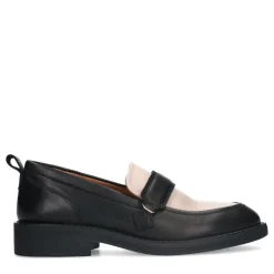 Manfield Zwarte leren loafers met witte details^DAMES Loafers