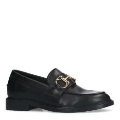 Manfield Zwarte leren loafers met goudkleurige chain^DAMES Loafers