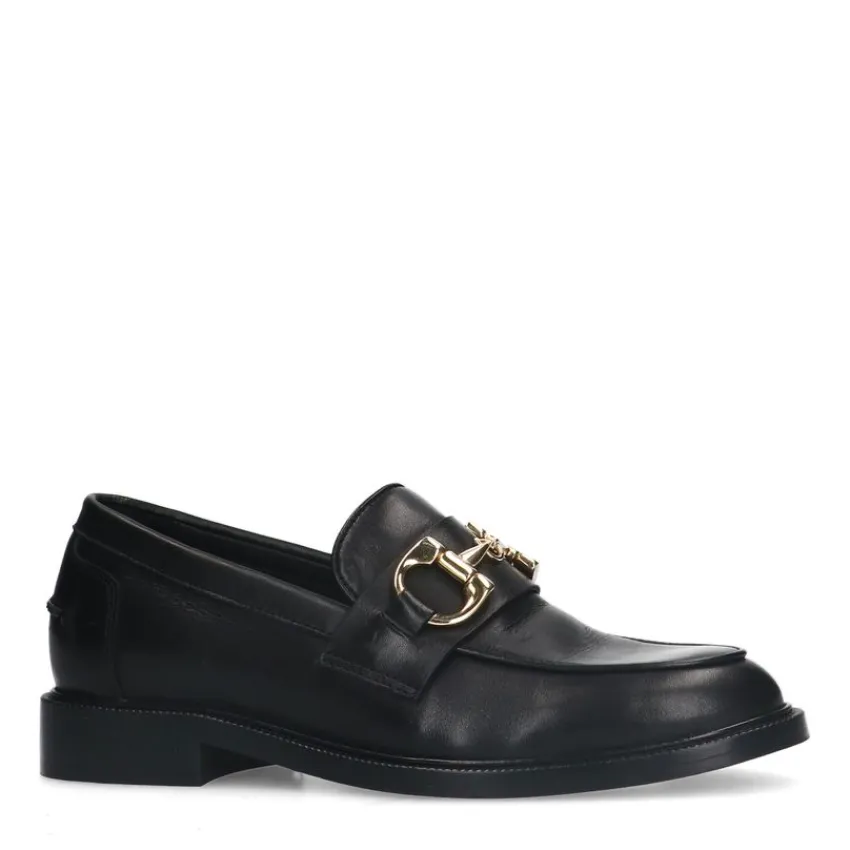 Manfield Zwarte leren loafers met goudkleurige chain^DAMES Loafers