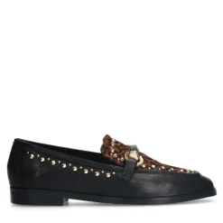 Manfield Zwarte leren loafers met details^DAMES Loafers