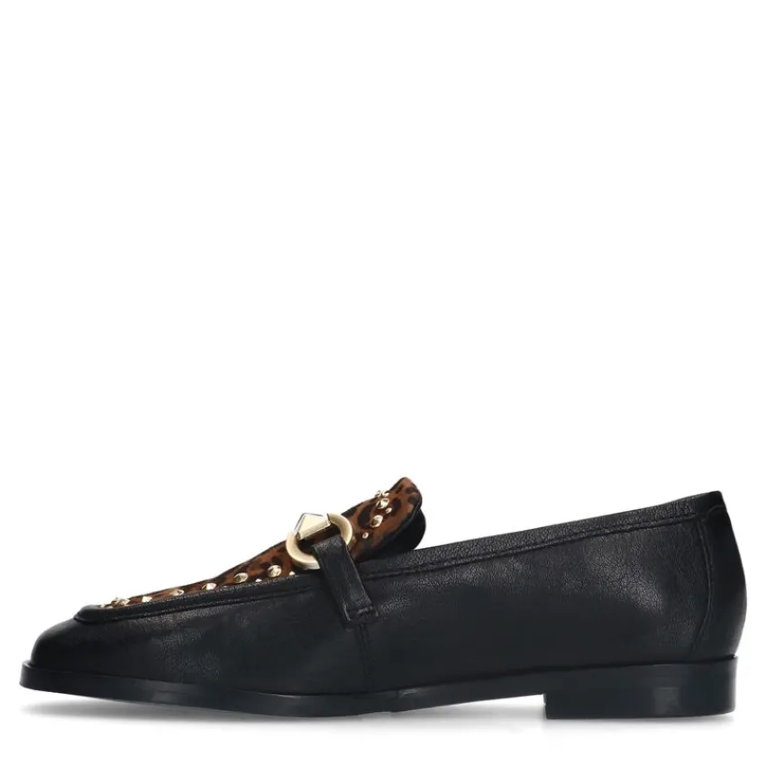 Manfield Zwarte leren loafers met details^DAMES Loafers