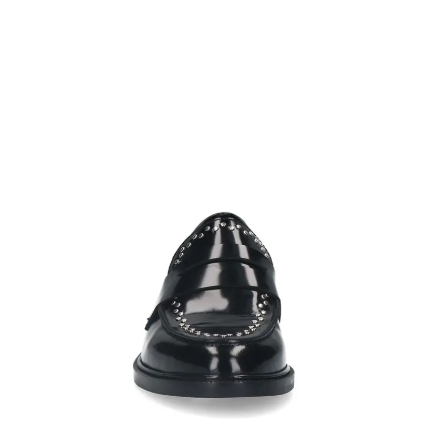 Manfield Zwarte leren loafers met zilverkleurige studs^DAMES Loafers