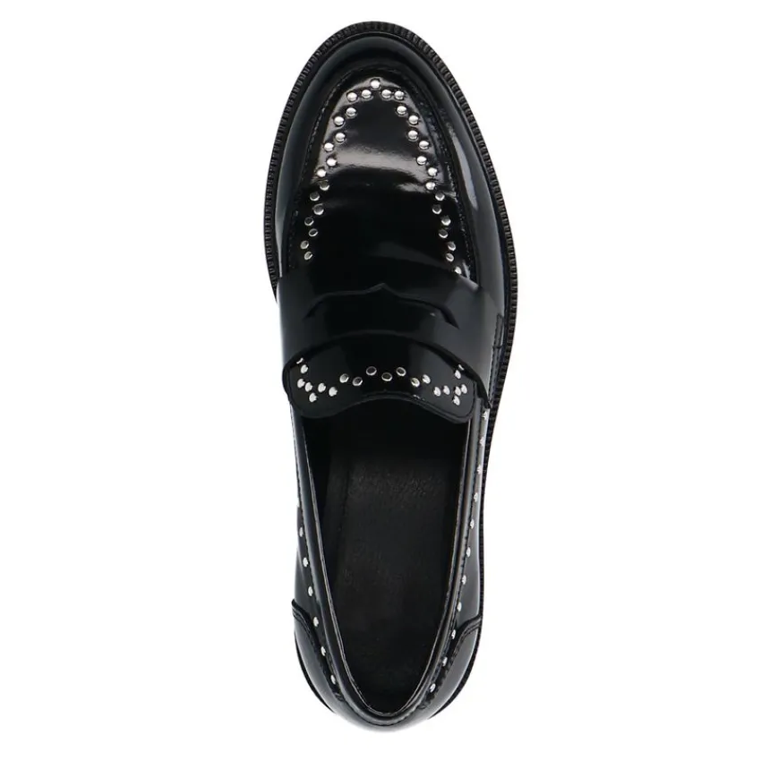 Manfield Zwarte leren loafers met zilverkleurige studs^DAMES Loafers