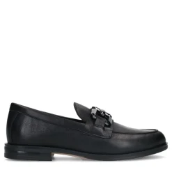 Manfield Zwarte leren loafers met vierkanten chain^DAMES Loafers