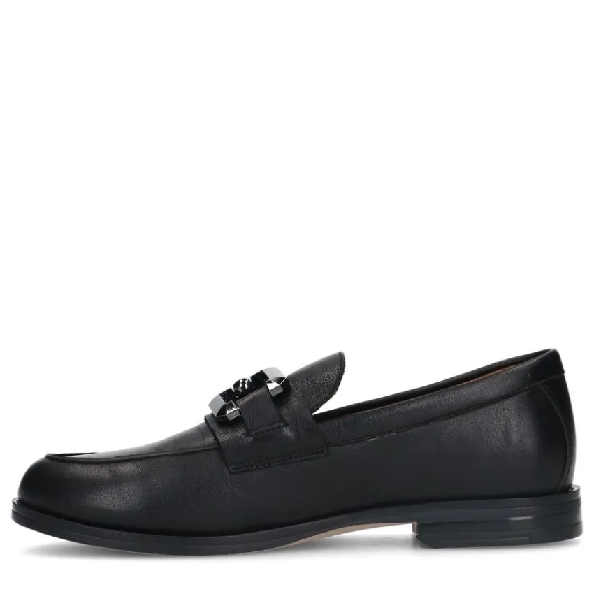 Manfield Zwarte leren loafers met vierkanten chain^DAMES Loafers