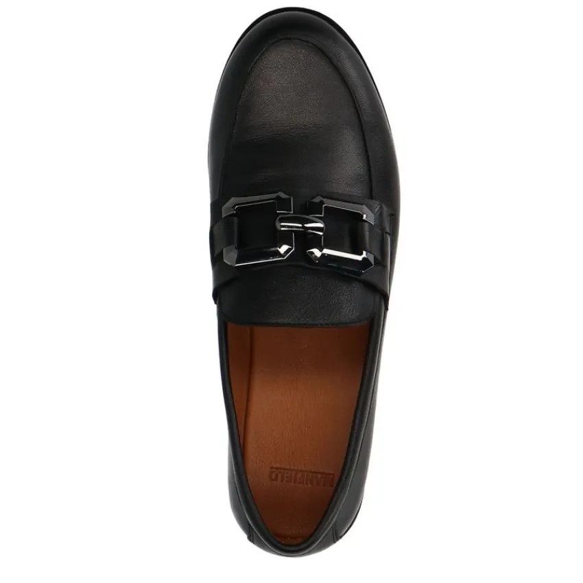 Manfield Zwarte leren loafers met vierkanten chain^DAMES Loafers