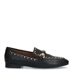 Manfield Zwarte leren loafers met goudkleurige studs^DAMES Loafers