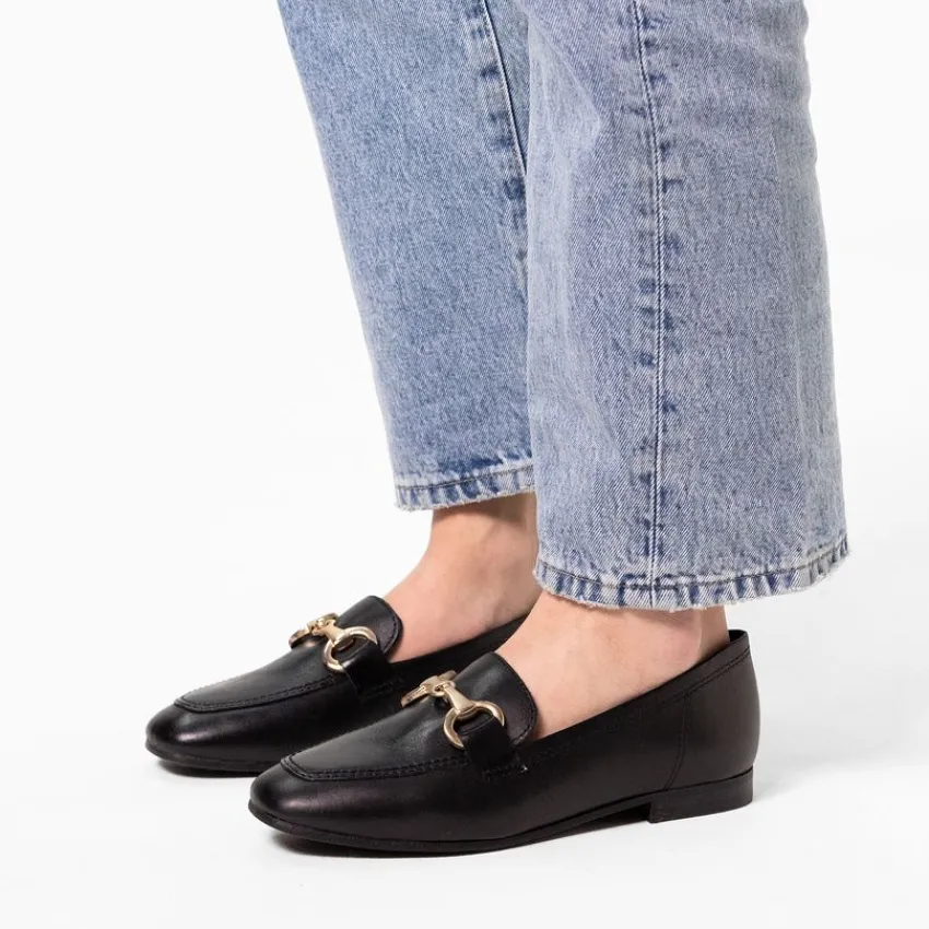 No Stress Zwarte leren loafers met goudkleurig detail^DAMES Loafers