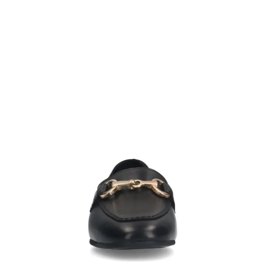 No Stress Zwarte leren loafers met goudkleurig detail^DAMES Loafers