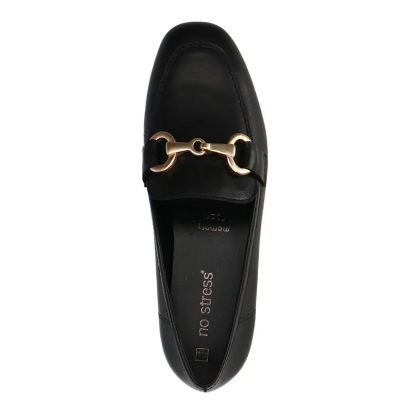 No Stress Zwarte leren loafers met goudkleurig detail^DAMES Loafers