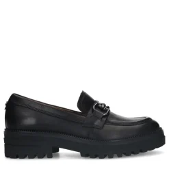 No Stress Zwarte leren loafers met zilverkleurig detail^DAMES Loafers