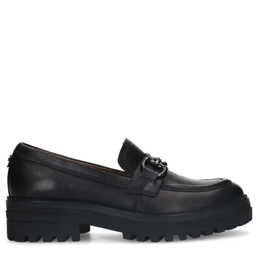 No Stress Zwarte leren loafers met zilverkleurig detail^DAMES Loafers