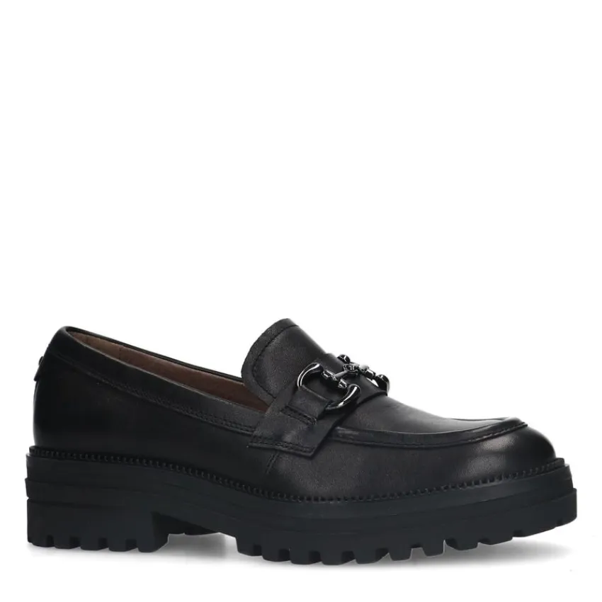 No Stress Zwarte leren loafers met zilverkleurig detail^DAMES Loafers