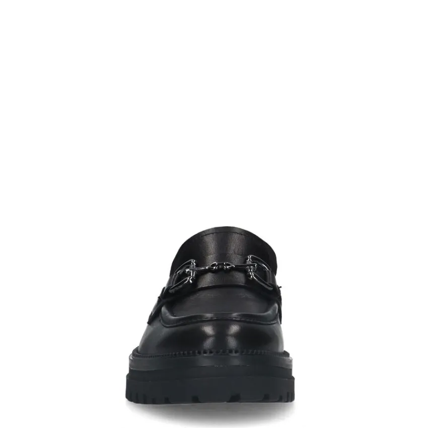 No Stress Zwarte leren loafers met zilverkleurig detail^DAMES Loafers