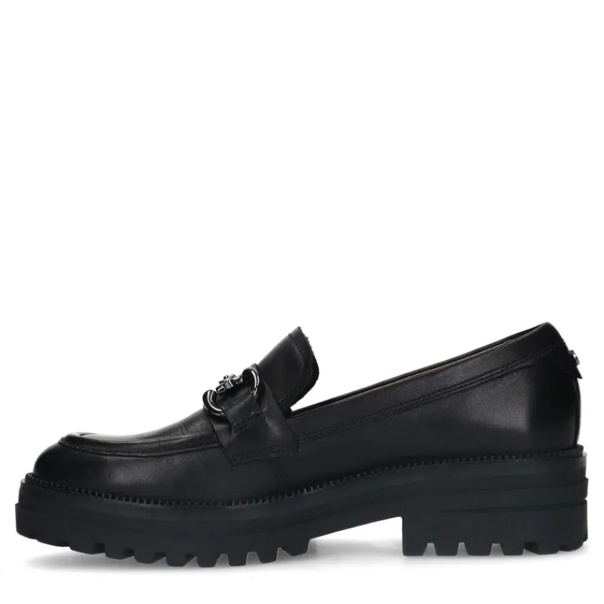 No Stress Zwarte leren loafers met zilverkleurig detail^DAMES Loafers