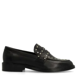 Manfield Zwarte leren loafers met goudkleurige studs^DAMES Loafers