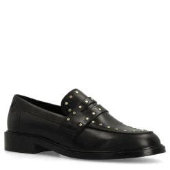 Manfield Zwarte leren loafers met goudkleurige studs^DAMES Loafers