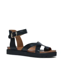 Manfield Zwarte leren plateau sandalen met gespsluiting^DAMES Sandalen