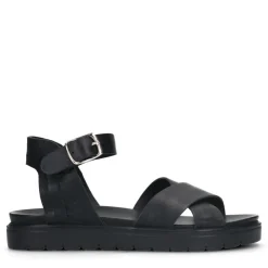 Manfield Zwarte leren sandalen met gekruiste banden^DAMES Sandalen