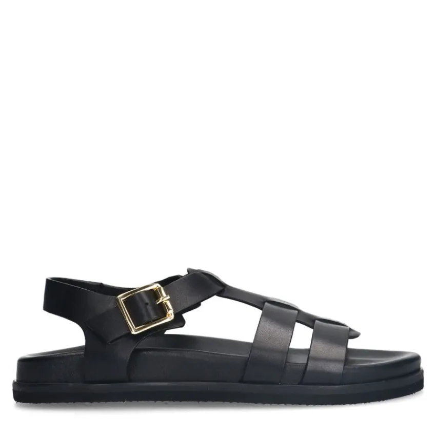Manfield Zwarte leren sandalen met gespsluiting^DAMES Sandalen