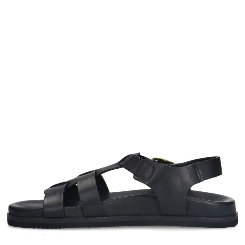 Manfield Zwarte leren sandalen met gespsluiting^DAMES Sandalen
