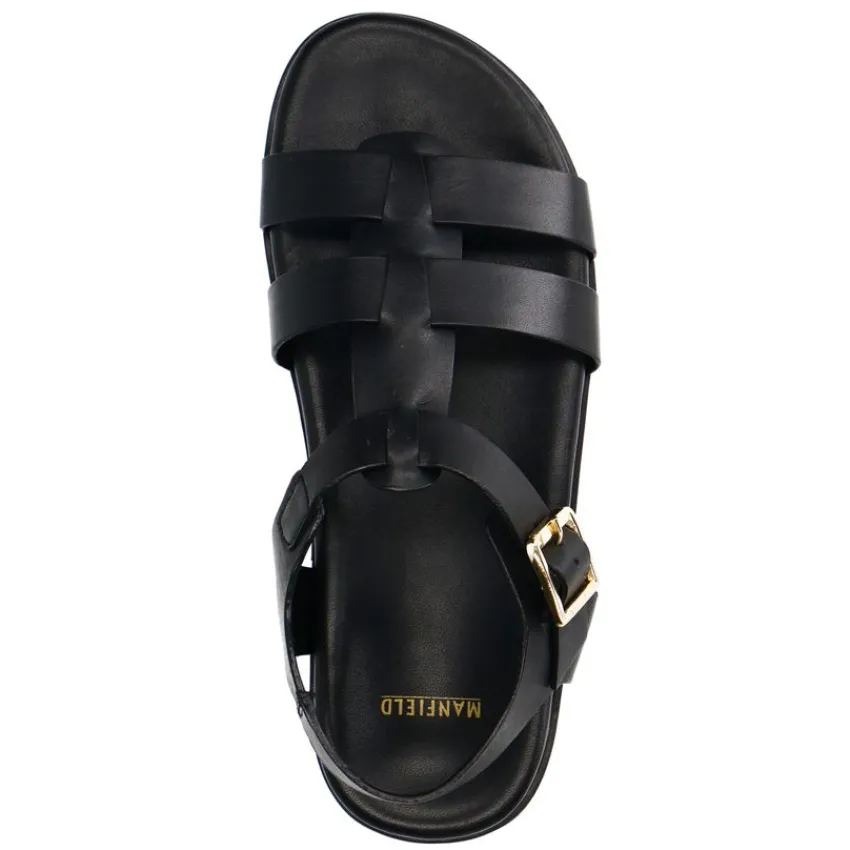 Manfield Zwarte leren sandalen met gespsluiting^DAMES Sandalen