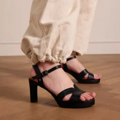 No Stress Zwarte leren sandalen met hak^DAMES Sandalen
