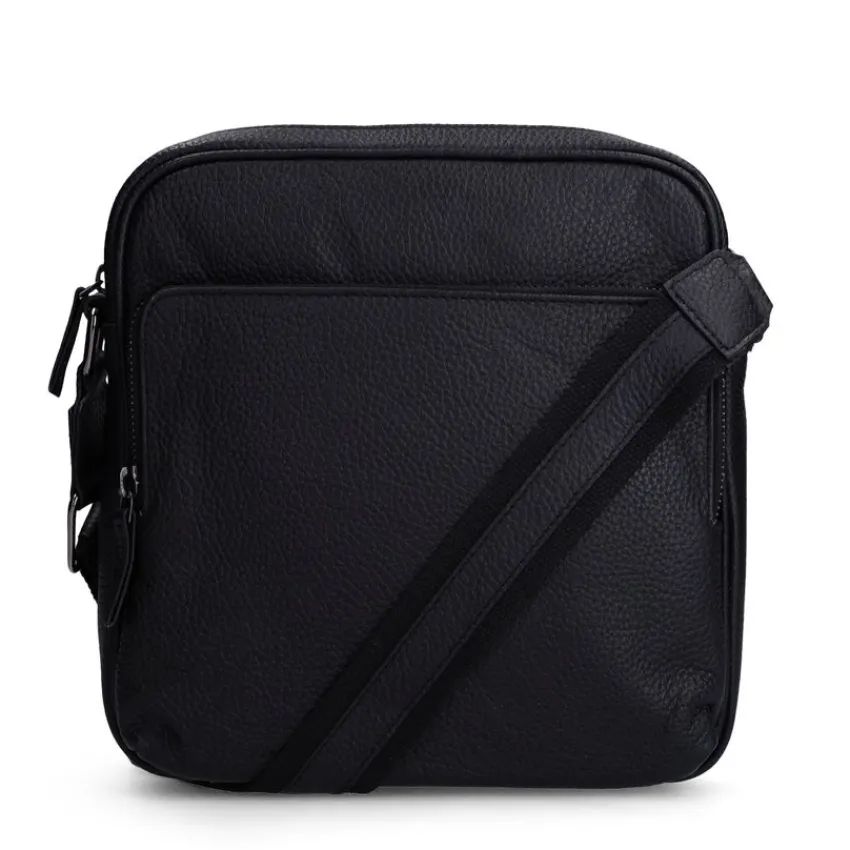 Manfield Zwarte leren schoudertas^ Schoudertassen