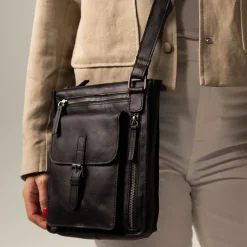 No Stress Zwarte leren schoudertas^Heren Schoudertassen|Heren Tassen