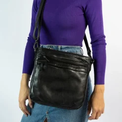 Manfield Zwarte leren schoudertas^ Schoudertassen