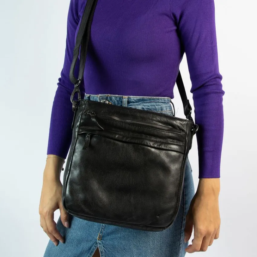 Manfield Zwarte leren schoudertas^ Schoudertassen