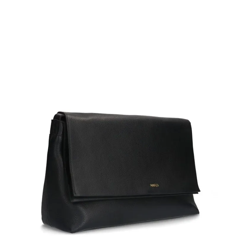 Manfield Zwarte leren schoudertas met flap^ Schoudertassen
