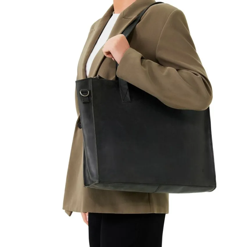 Manfield Zwarte leren shopper^ Shoppers