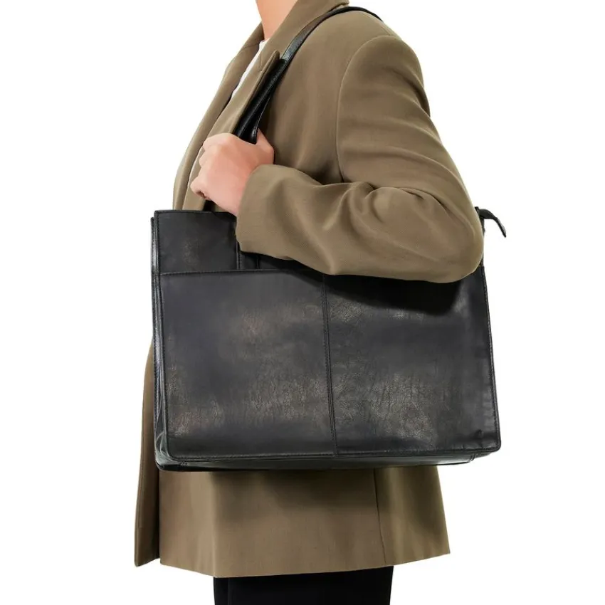 Manfield Zwarte leren shopper^ Shoppers