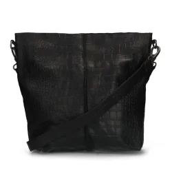 Manfield Zwarte leren shopper met crocoprint^ Handtassen