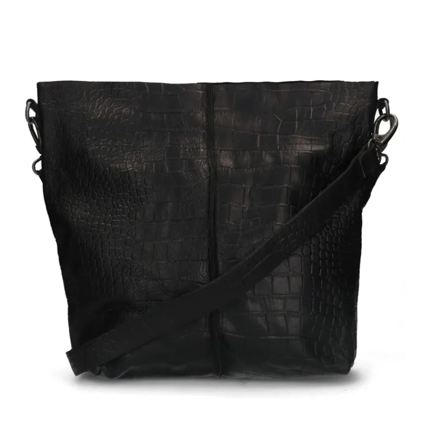 Manfield Zwarte leren shopper met crocoprint^ Handtassen